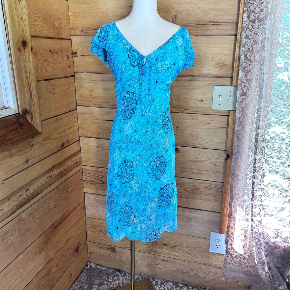 Vintage Floral Mesh Midi Dress Womens Size 8 Blue Asymmetrical Y2K Jessica